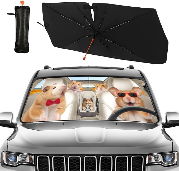 CHILLTEK Funny Animal Car Windshield Sun Shade, Cute Hamster Car Sun Shade, Block UV Rays Heat Foldable Windshield Umbrella Sun Visor Protector - Keep Vehicle Cool for Cars SUV by CHILL%C2%B7TEK
