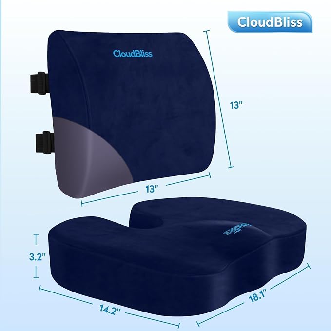 CloudBliss Ergonomic Seat Cushion & Lumbar Support Pillow Set, Blue, Large | Back Pain & Sciatica Relief, Memory Foam Support, Adjustable Straps, Machine Washable Velvet, Perfect for Office, Car, Gaming - Image 5
