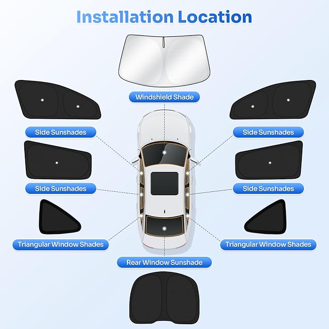 Canvcle Upgraded Window Shades for Tesla Model Y Juniper 2025 2026 Accessories with Suction Cups Windshield Sun Shade Side Rear Window Covers Sunshade Sun Shield Privacy Protection Camping Black 8PCS - Image 7