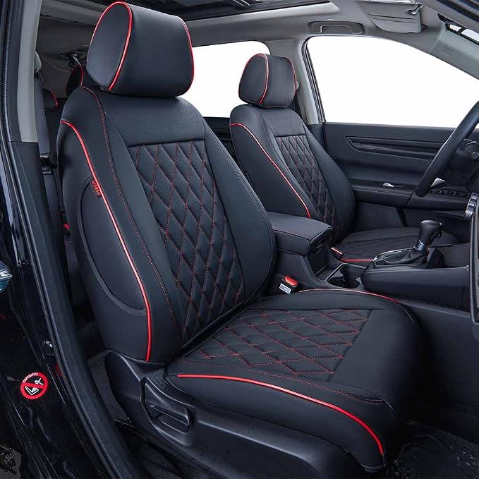 EKR Car Seat Covers for Honda CRV 2017-2022 Leatherette Full Set | Custom Fit for Honda CRV 2017 2018 2019 2020 2021 2022,Factory-Style Interior Upgrade,Faux Leather(Black with Red Piping) by EKR