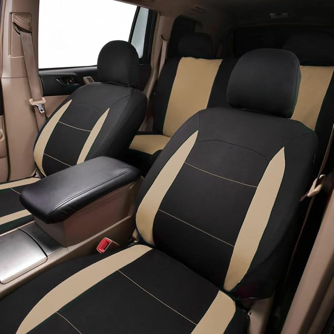 Flying Banner Car Seat Covers Set Beige Tan Front Seats Rear Bench Polyester car seat Protectors Easy installations Rear Bench Split Classic Man Lady - Image 9