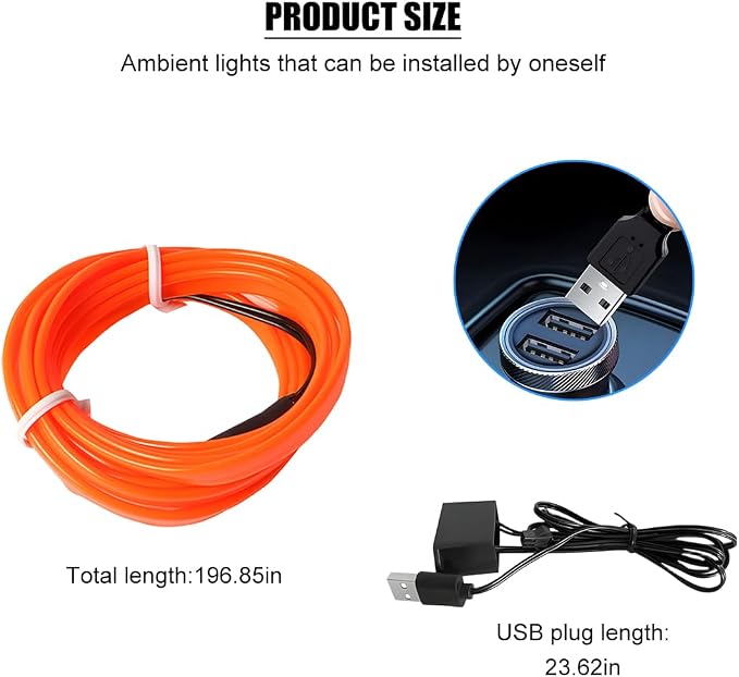 EL Wire Car LED Strip Lights, 16.5FT 5V USB Vehicle Ambient Lighting Kit with Fuse Protection, Automotive Interior Neon Decoration Lamp with 5mm Sewing Edge, Universal Fit (Orange) - Image 2