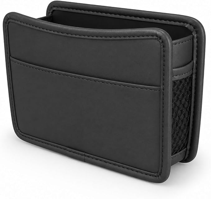 Car Seat Side Pocket Organizer, Leather Sewn Multifunctional Automotive Trash Bag, Small Vehicle Door Pouch for Cell Phone, Key, Wallet, Sunglasses (Black) by Unknown