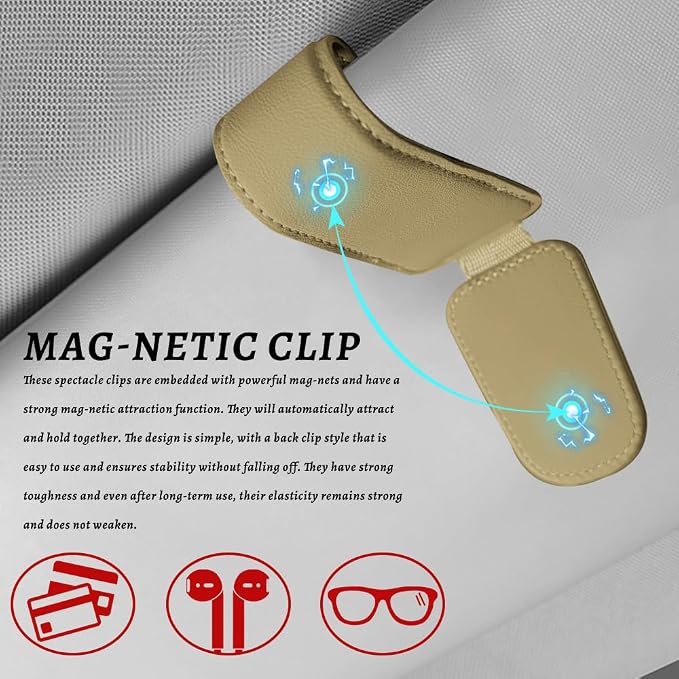 Sunglass Holder for Car, Car Sunglass Holder, Magnetic Leather Sunglasses Holder and Ticket Card Clip, Auto Multi-Functional Sun Visor Eyeglass Holders for SUV Pickup Truck (Beige) - Image 5