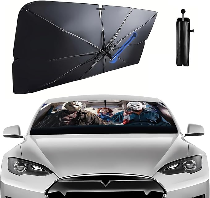 GENANY Masked Horror Collage Windshield Sun Shade Umbrella 59 x 37 Inch | A flexible handle supports easy placement while the included pouch keeps the canopy stored after use by GENANY