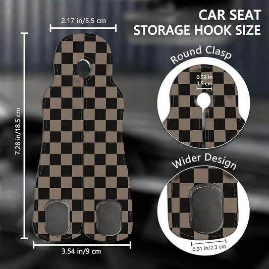 Cute Checkered Car Seat Back Storage Headrest Hooks for Purses & Bags – 2PCS PU Leather Dual Metal Hooks, Backseat Organizer Accessories - Image 2
