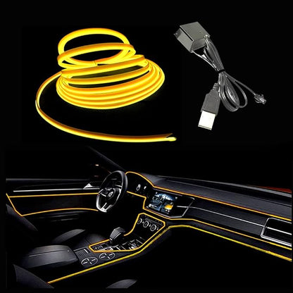 El Wire Yellow Interior Car LED Strip Lights, 3M Neon Wire USB 5V with Fuse Protection for Automotive Interior Decoration, with 6mm Sewing Edge by Maxlaxer