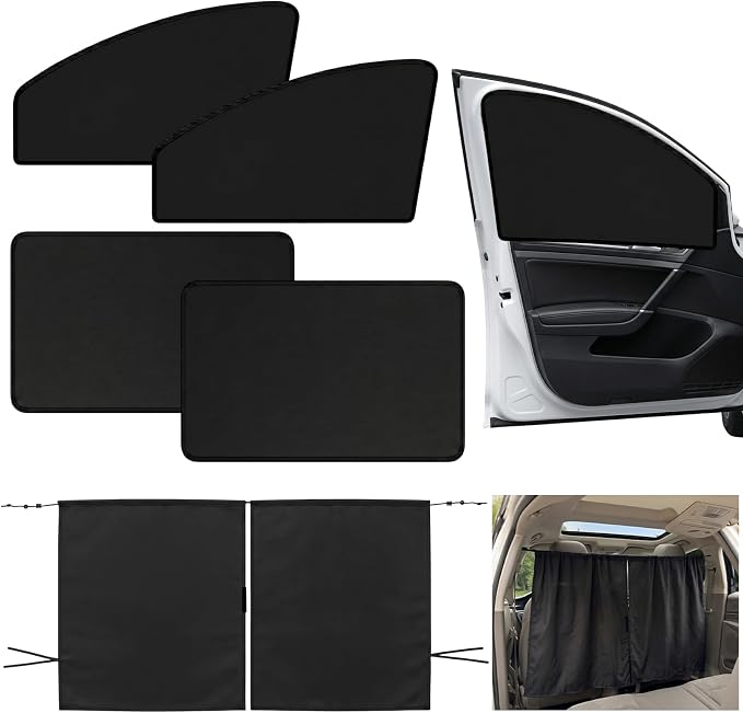 4 Car Window Shades & 1 Privacy Partition Curtain, Magnetic, Block Light | UV Protection, Keeps Cooler, Universal Size, Protect Privacy, Heat Insulation, Adjustable Privacy Curtain for Car SUV Truck by HiWelcometoMCIAONE
