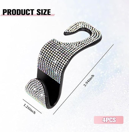 4PCS Bling Car Seat Headrest Hook, Crystal Rhinestone Backseat Hanger Organizer for Purse Handbag Umbrella, Shiny Auto Interior Seat Back Storage Holder Hook, Universal Fit (AB White) - Image 2