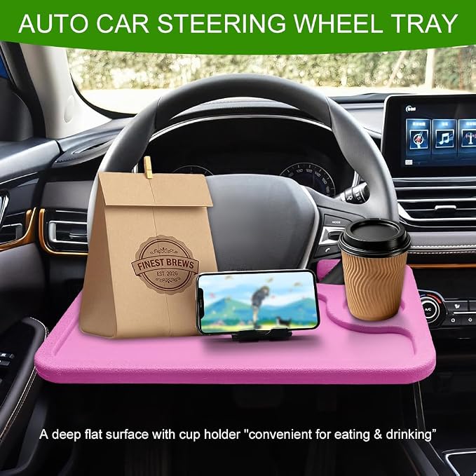 Car Steering Wheel Desk, Portable Car Tray, Durable Multi-Functional Travel Workstation with Cup Holder, Car Essentials Portable Laptop Tray & Eating Table for Most Vehicles Road Trip (Pink) - Image 3