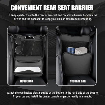 Car Organizer Storage Between Seats, Nappa Leather Front Seat Storage Bag with Tissue Holder, Automotive Console Hanging Net Pocket Handbag Holder for Phone Document (Gray) - Image 6