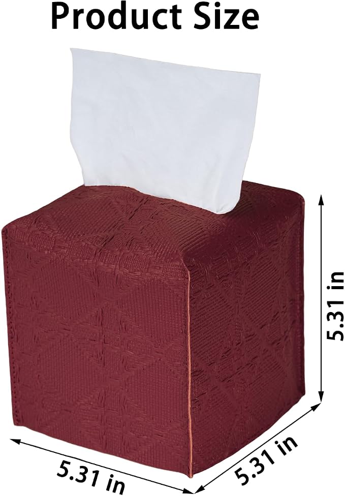 Tissue Box Cover 2-Pack, Square Tissue Holder with Bottom Belt, Modern Tissue Case Facial Paper Organizer Dispenser for Bathroom, Office, Home, Table, Car, Red, Linen Pattern - Image 4