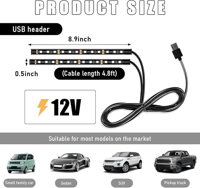 Wevdn Car Interior LED Strip Light, 12V 24 LED Waterproof Neon Ambient Night Light with USB Port, Automotive Atmosphere Decorative Under Dash Lighting Kit, Car Accessories (Pink Purple) - Image 2
