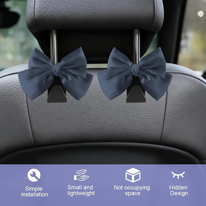 2PCS Car Seat Headrest Hook, Cute Bow Stylish Seat Back Purse Handbag Hanger Organizer, Multi-Purpose Auto Backseat Storage Hook Holder for Umbrella Coat Bag, Universal Fit (Dark Blue) - Image 6