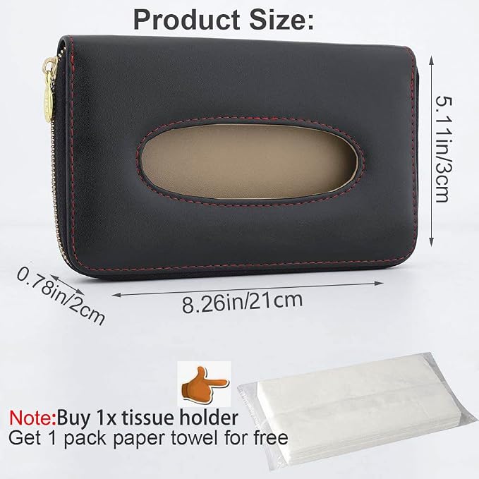 Car Tissue Holder, Sun Visor Tissue Holder, Car Visor Napkin Holder, PU Leather Backseat Tissue Case Holder for Auto Vehicle with Zipper (Black) - Image 2