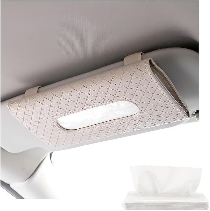Car Tissue Holder, Leather Sun Visor Hanging Napkin Holder with Tissue Refill, Clip-On Visor Mask Dispenser Premium Paper Towels Case for Vehicles, Universal Car Accessories (Beige) by Unknown