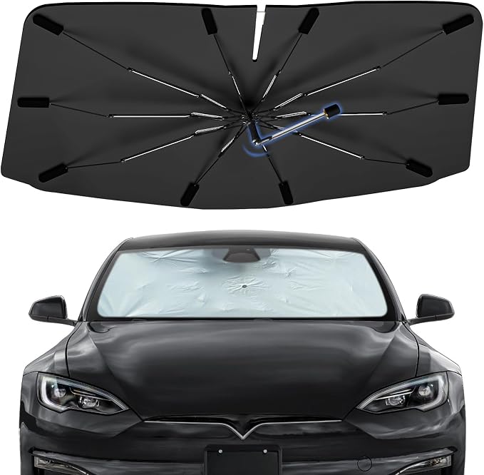Windshield Sun Shade Umbrella fit for Tesla Model S 2012-2026 Front Window | Foldable Car Sunshade, 360 Rotation Automotive Interior UV Protection for Outdoor Parking, Keep Car Cool by Bocvam
