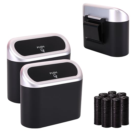 Ginsco Mini Car Trash Can with Lid, Small Car Garbage Can, Cute Leakproof ABS Car Trash Bin, Car Accessories for Interior, Garbage Bin for Car, Home, Office with 120pcs Trash Bags Black/Silver by Ginsco