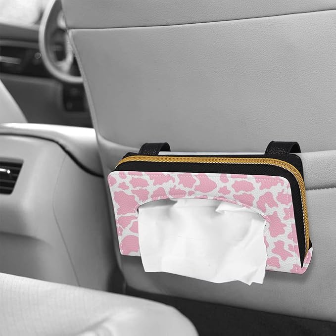 Biyejit 2 Pack Car Tissue Holder, Pink Cow Print Hanging Napkin Case, PU Leather Tissue Box for Car Sun Visor, Backseat for Car Decor - Image 4