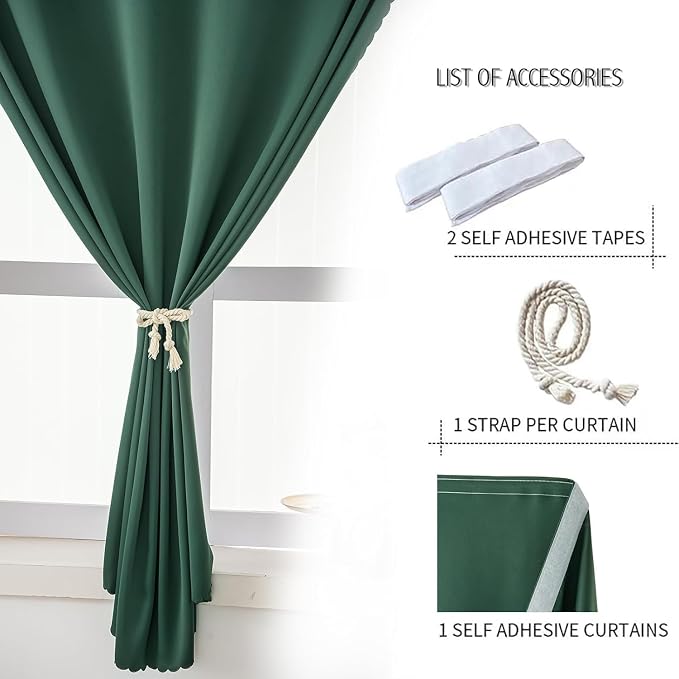 Instant Blackout Window Curtain with Reusable Adhesive, Thermal Insulated Fabric for RV Camper Small Windows, 71" W x 72" L, Dark Green, 1 Panel - Image 6