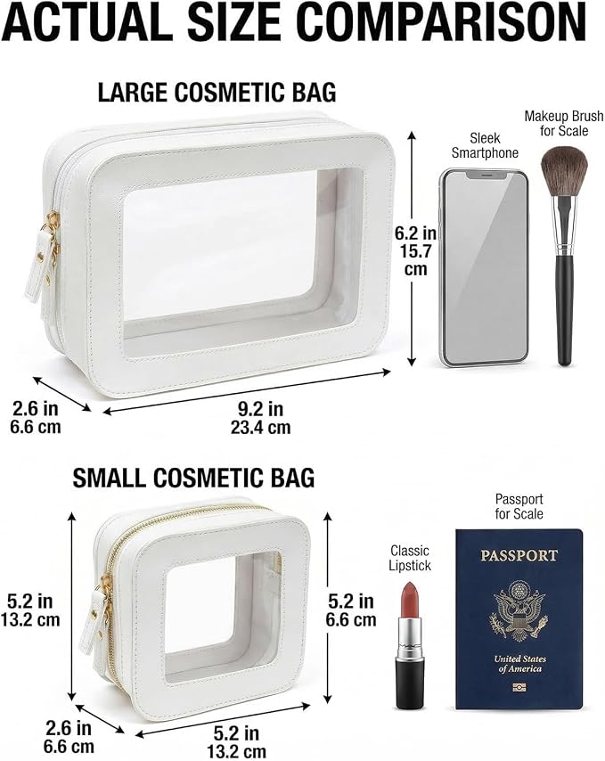 Sunscreen Bag Clear Makeup Bag Set Toiletry Pouch Waterproof PU Leather Portable Beach Bag Organizer Pouch with Transparent Window,Beach Vacation Essentials for Women(2Pack-Standard&Square, Beige) - Image 6