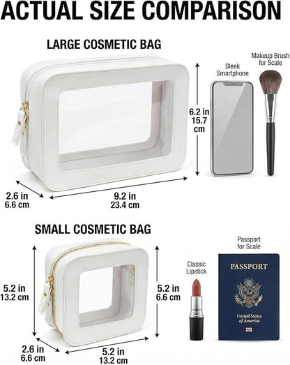 Sunscreen Bag Clear Makeup Bag Set Toiletry Pouch Waterproof PU Leather Portable Beach Bag Organizer Pouch with Transparent Window,Beach Vacation Essentials for Women(2Pack-Standard&Square, Beige) - Image 6