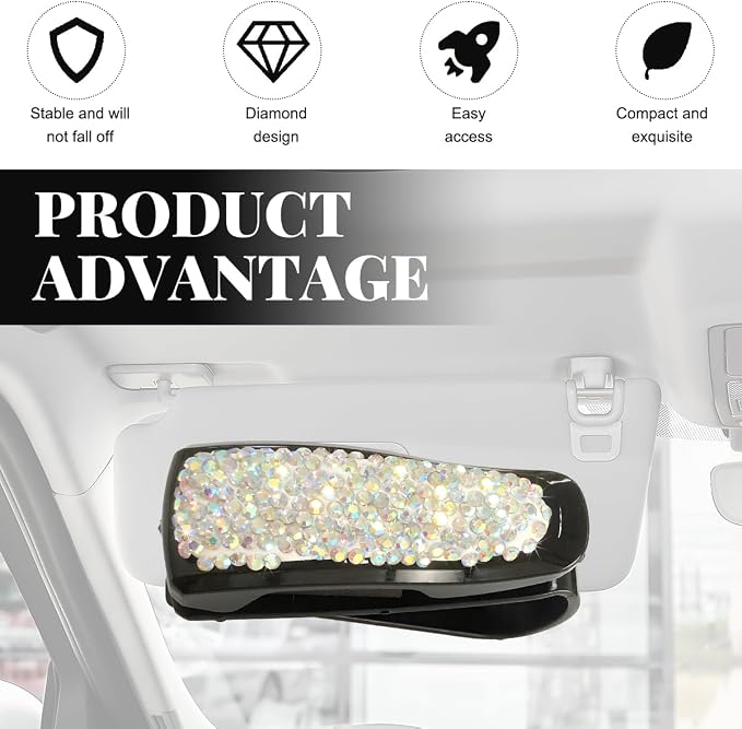 Wevdn 2 PCS Car Sun Visor Glasses Holder, Fashion Bling Car Eyeglasses Sunglasses Hanger for Women Girls, Glasses Holder Clip Hanger Mount with Ticket Card Clip, Car Accessories (AB) - Image 4