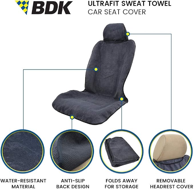 BDK UltraFit Waterpoof Car Seat Towel Cover, 2 Pack with Gray Trim – Washable Sweat Seat Protector, Ideal for Gym Swimming Surfing Running Crossfit, Fits Most Auto Truck Van SUV - Image 2