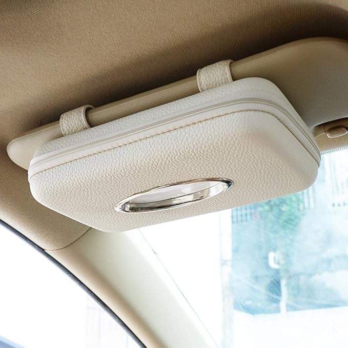 Car Tissue Holder, Sun Visor Tissue Holder, Zipper Car Visor Napkin Holder, PU Leather Backseat Tissue Case for Car,Vehicle (Beige) by Cartisen