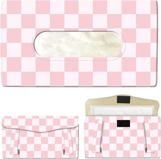 Car Tissue Holder, Cute Sun Visor Napkin Holder Backseat Tissue Case, PU Leather Tissue Box, Funny Car Accessories for Women Men Pink Cute Plaid by Unknown