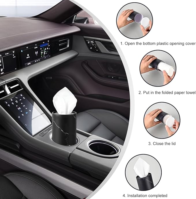 DXNQ 4 PCS Car Tissues Holder, Car Cup Holder Refillable Travel Tissues Tube with Facial Tissues, Portable Cylinder Round Tissue Boxes Container Decor for Car Office Home (Marble Black) - Image 5