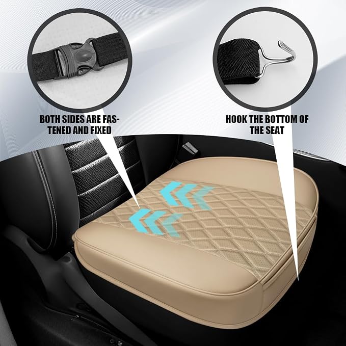 Leather Front Car Seat Covers, Car Bottom Seat Cover, Beige | Anti Slip Leather Auto Front Seat Cushion Cover with Storage Pocket, Waterproof Bottom Auto Seats Cushion Pad Mat for Cars - Image 5