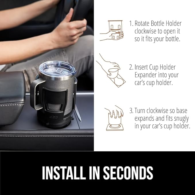 GORILLA GRIP Patent Pending Adjustable Car Cup Holder Expander, 2 PK, Keeps Water Bottle Secure, Expands to Fit 18 to 48 oz Bottles, Yeti, Owala, Stanley with Handle, Coffee Mug Insert for Cars, Black - Image 6