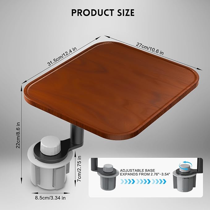 360° Rotation Car Desk for Laptop, Height-Adjustable Cup Holder Table, Wooden Car Food Tray & Laptop Mount Compatible with Tesla Model Y/3/S, Ford F150/Explorer/Maverick & Most Vehicles (Warm Walnut) - Image 2