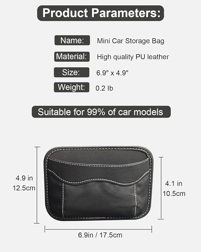 Small Car Seat Side Pocket Organizer, Reusable Adhesive Car Storage Bag | Universal vehicle door & console pouch for phones keys Cards sunglass etc, Suitable for all vehicles, PU Leather, Black - Image 2