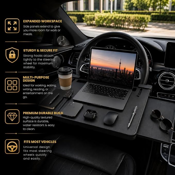3-in-1 Steering Wheel Tray, Car Desk for Laptop, Food Tray for Eating & Work, Adjustable Car Table with Drawer & Anti-Slip Design, Multipurpose Travel Car Accessories - Image 5
