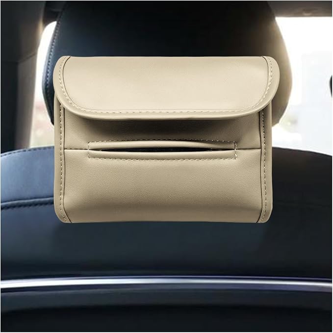 Craedli Car Tissue Holder for Seat Back, PU Leather Backseat Tissue Box Cover, Rectangular Auto Headrest Napkin Case Tissues Storage Organizer for Sedan RV Truck, Keep Car Tidy (Beige) by Unknown