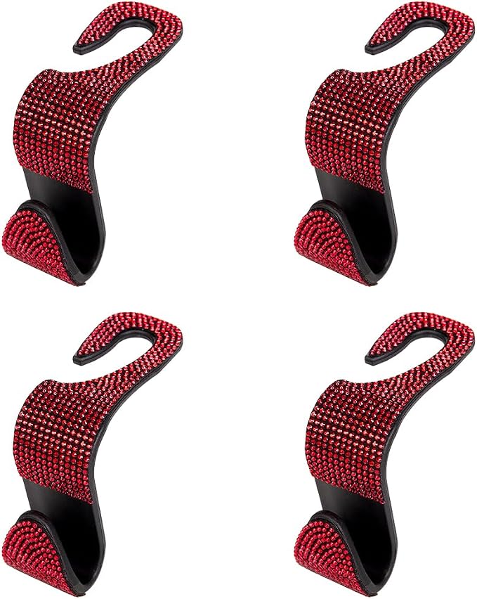 4PCS Bling Car Seat Headrest Hook, Crystal Rhinestone Backseat Hanger Organizer for Purse Handbag Umbrella, Shiny Auto Interior Seat Back Storage Holder Hook, Universal Fit (Red) - Image 7