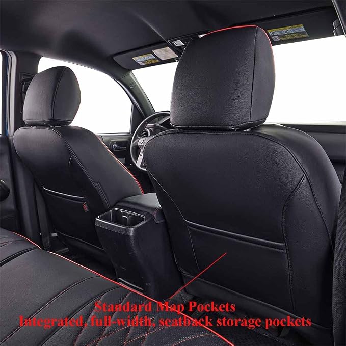 EKR Custom Fit Tacoma Front Car Seat Covers for Toyota Tacoma 2016 2017 2018 2019 2020 2021 2022 2023 Double Cab/Access Cab - Front Row Only, Faux Leather(Black with Red Trim) - Image 4