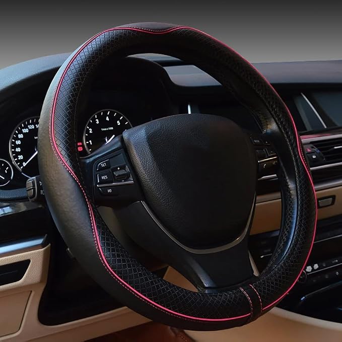 Car Steering Wheel Cover, Anti-Slip, Safety, Soft, Breathable, Heavy Duty, Thick, Full Surround, Sports Style (Black with Pink Line) by Rsept
