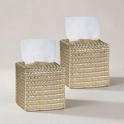 Tissue Box Cover 2-Pack, Square Tissue Holder with Bottom Belt, Modern Tissue Case Facial Paper Organizer Dispenser for Bathroom, Office, Home, Table, Car, Woven Pattern Golden by Avolander