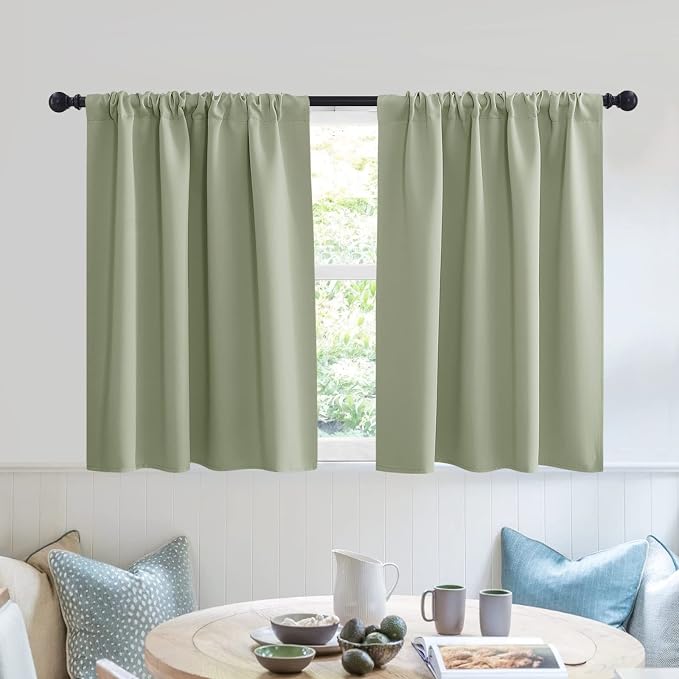 RYB HOME Short Blackout Privacy Curtains 30 inch Long for Bathroom Window | Thermal Insulated, Heat Blocking, Rod Pocket, Half Window Curtain Tiers for Nursery Bedroom, W42 x L30, Sage Green, 2 Panels by RYBHOME