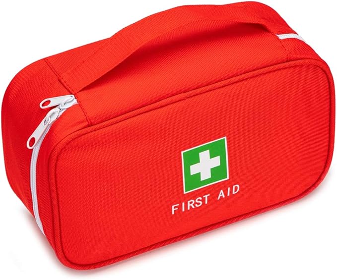 Red First Aid Bag Empty Travel Rescue Pouch First Responder Storage Medicine Emergency Bag for Car Home Office Kitchen Sport Outdoors (Red with Handle Green Print) by Jipemtra