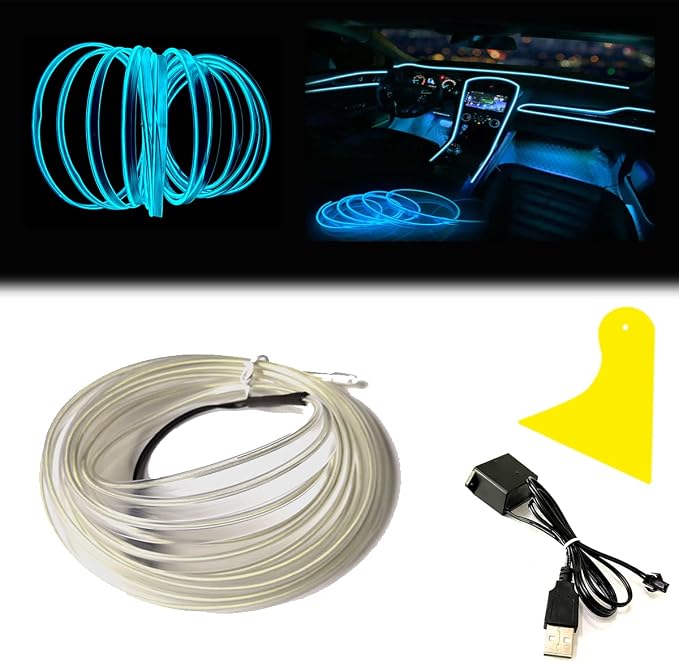 El Wire Ice Blue Interior Car LED Strip Lights, 5M Neon Wire USB 5V with Fuse Protection for Automotive Interior Decoration, with 6mm Sewing Edge by Maxlaxer