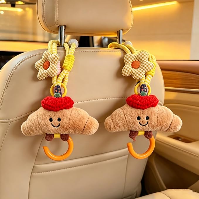 2 Pack Cute Car Headrest Hooks 360° Rotating Adjustable Length, Seat Decorative Hanger for Handbags Shopping Bags(Bread B) - Image 2