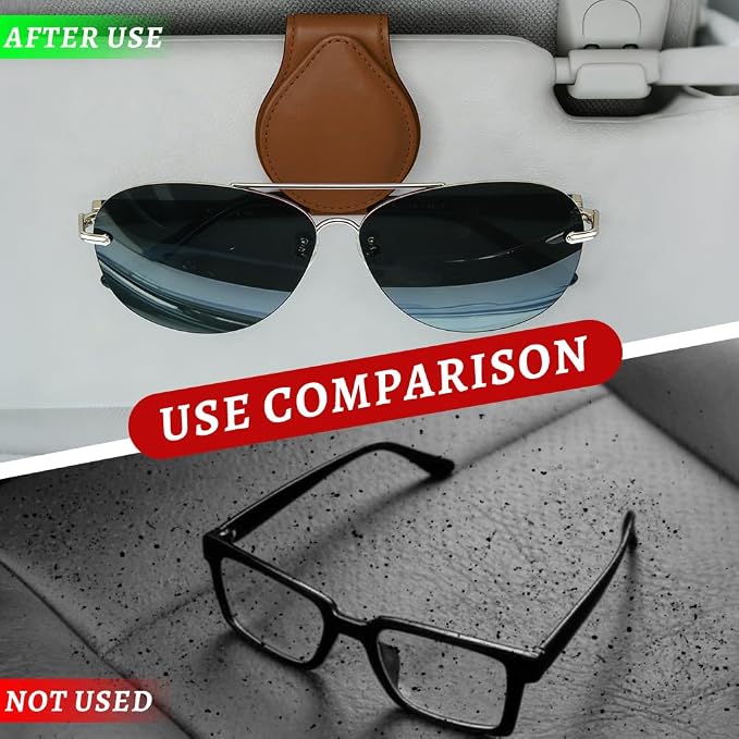 Sunglasses Holders for Car Visor, PU Leather Car Organizer, Magnetic Glasses Holder and Ticket Card Clip, Multi-Functional Auto Sun Visor Eyeglass Holder for Most Vehicles (Brown) - Image 6