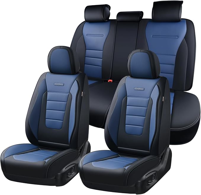 Coverado Car Seat Covers Full Set, Nappa Leather Seat Covers for Cars, Car Seat Protector Car Seat Cushion, Front and Back Seat Protectors Cushions Universal Fit for Most Cars Vehicles(Black&Blue) by COVERADOAUTO