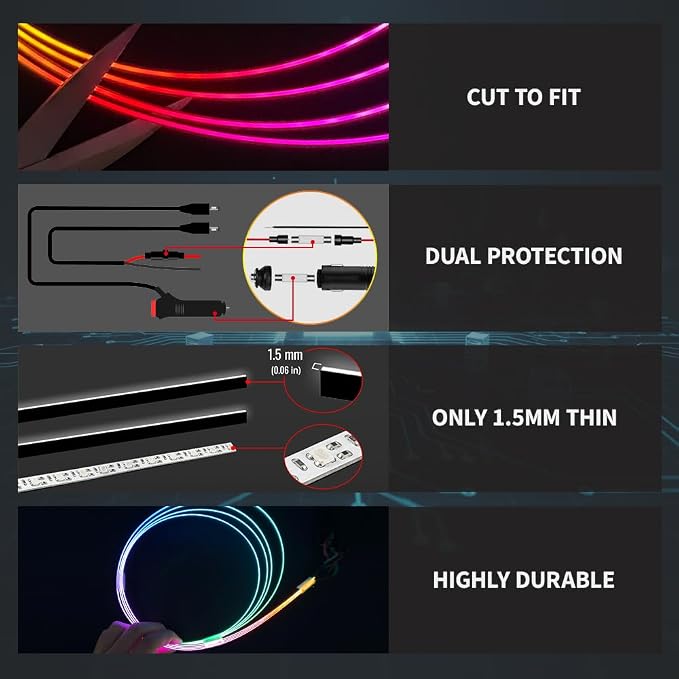 Ambient Lighting Car Led Lights Interior Kit,2PCS 43.3 inches Dream Color Acrylic Led Strips Lights for Car Interior Dashboard,DC 12V Fiber Optic Music Sync Neon Ambiance Lighting with Wireless APP - Image 2