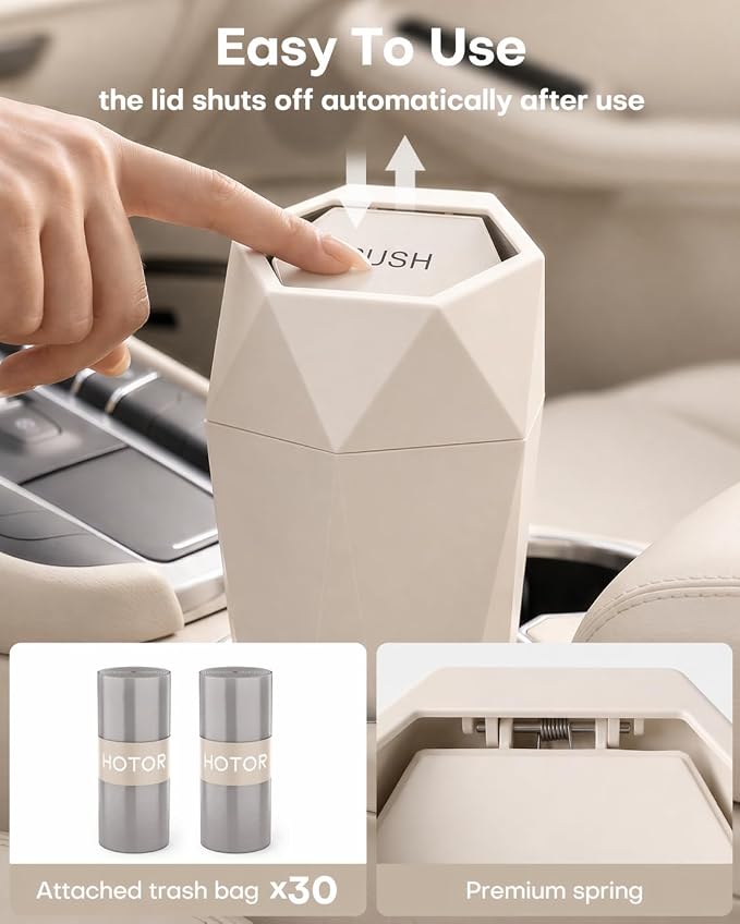 HOTOR Car Trash Can with Lid, Leakproof, Beige, 2 Pack | Car Accessories for Interior, Garbage Can with 30 Attached Trash Bags, Multipurpose Organizer and Storage for Home & Office - Image 2