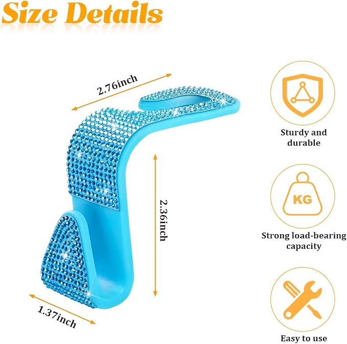 HZEL 4PCS Crystal Rhinestone Vehicle Headrest Hooks for Bags, Light Blue | plastic and rhinestone build, snap-on headrest mounting, holds bags and umbrellas, uses seatback space, fits vehicles - Image 2